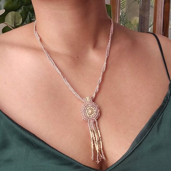 Rose Gold Fringe Beaded Indigenous Medallion Pendant Necklace | Handmade - Picture 3 of 10